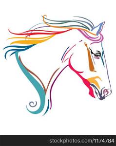Colorful decorative ornamental contour portrait of running horse with long mane, looking in profile. Vector illustration in different colors isolated on white background. Image for logo, design and tattoo.