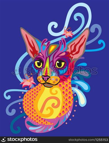 Colorful decorative ornamental portrait of Cornish Rex cat in zentangle style. Decorative abstract vector illustration in different colors isolated on dark blue background. Stock illustration for design and tattoo.