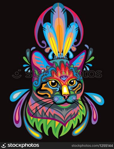 Colorful decorative ornamental portrait of fluffy cat in zentangle style. Decorative abstract vector illustration in different colors isolated on black background. Stock illustration for design and tattoo.