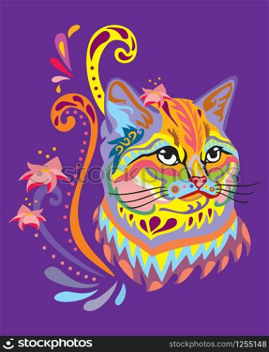 Colorful decorative ornamental portrait of fluffy cat in zentangle style. Decorative abstract vector illustration in different colors isolated on purple background. Stock illustration for design and tattoo.