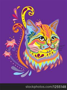 Colorful decorative ornamental portrait of fluffy cat in zentangle style. Decorative abstract vector illustration in different colors isolated on purple background. Stock illustration for design and tattoo.