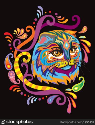 Colorful decorative ornamental portrait of fluffy scotish fold cat in zentangle style. Decorative abstract vector illustration in different colors isolated on black background. Stock illustration for design and tattoo.