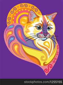 Colorful decorative ornamental portrait of ragdoll cat in zentangle style. Decorative abstract vector illustration in different colors isolated on purple background. Stock illustration for design and tattoo.