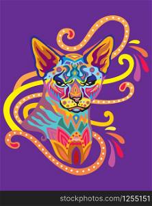 Colorful decorative ornamental portrait of sphinx cat in zentangle style. Decorative abstract vector illustration in different colors isolated on purple background. Stock illustration for design and tattoo.