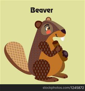 Colorful decorative outline cute beaver sittiing in profile. Wild animals and birds vector cartoon characters flat illustration in different colors isolated on green background.Vector stock illustration.