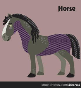 Colorful decorative outline cute black horse standing in profile. Farm animals and birds vector cartoon flat illustration in different colors isolated on grey background.