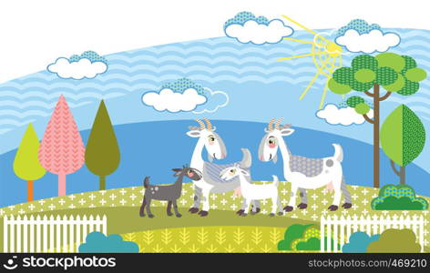 Colorful decorative outline cute family goats standing in profile in garden. Farm vector cartoon flat illustration in different colors isolated on white background.