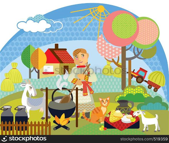 Colorful decorative outline cute farmer woman cooks goat cheese from goat milk in pot and white goats standing in profile in garden. Farm vector cartoon flat illustration in different colors isolated on white background.