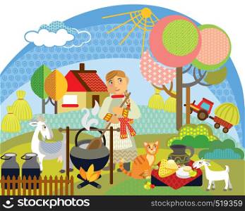 Colorful decorative outline cute farmer woman cooks goat cheese from goat milk in pot and white goats standing in profile in garden. Farm vector cartoon flat illustration in different colors isolated on white background.