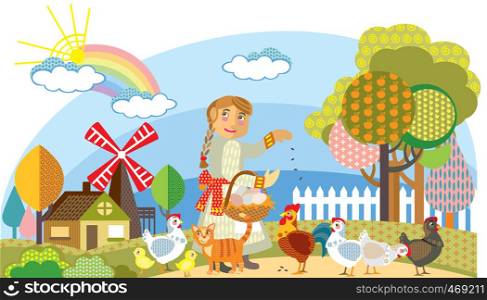 Colorful decorative outline cute girl feeds chickens in garden. Farm vector cartoon flat illustration in different colors isolated on white background.