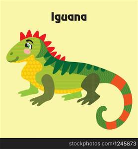 Colorful decorative outline cute iguana sittiing in profile. Wild animals and birds vector cartoon characters flat illustration in different colors isolated on yellow background.Vector stock illustration.