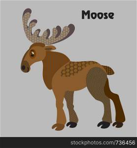 Colorful decorative outline cute moose standing in profile. Forest animals and birds vector cartoon flat illustration in different colors isolated on grey background.