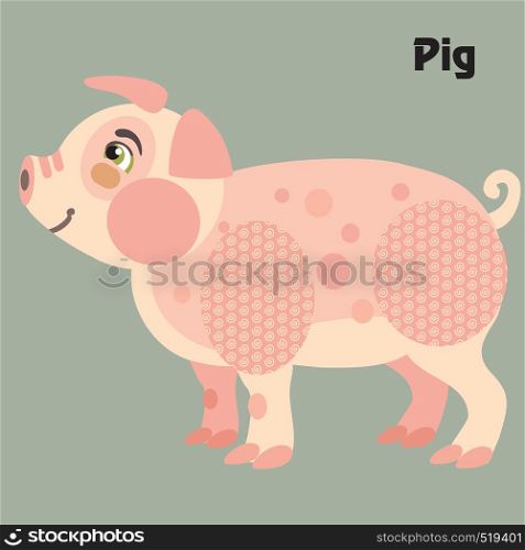 Colorful decorative outline cute pink pig standing in profile. Farm animals and birds vector cartoon flat illustration in different colors isolated on grey background.