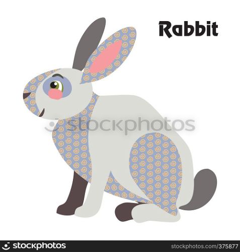 Colorful decorative outline cute rabbit grey color sitting in profile. Farm animals and birds vector cartoon flat illustration in different colors isolated on white background.