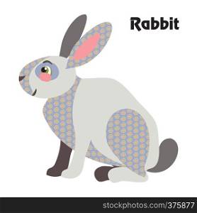 Colorful decorative outline cute rabbit grey color sitting in profile. Farm animals and birds vector cartoon flat illustration in different colors isolated on white background.
