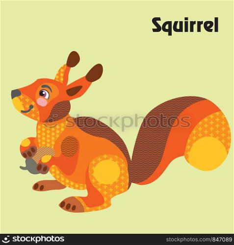 Colorful decorative outline cute red squirrel sitting in profile with acorn in paws. Wild animals and birds vector cartoon flat illustration in different colors isolated on green background.