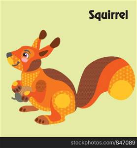 Colorful decorative outline cute red squirrel sitting in profile with acorn in paws. Wild animals and birds vector cartoon flat illustration in different colors isolated on green background.