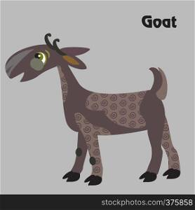 Colorful decorative outline funny black goat standing in profile. Farm animals and birds vector cartoon flat illustration in different colors isolated on grey background.