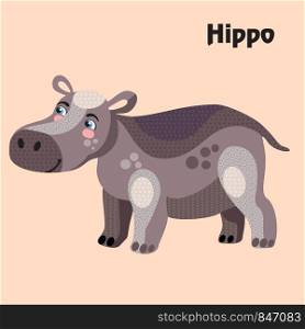 Colorful decorative outline funny colorful hippo standing in profile. Wild animals and birds vector cartoon flat illustration in different colors isolated on pink background.