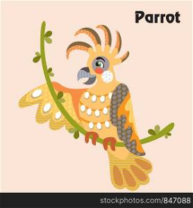 Colorful decorative outline funny colorful parrot sitting on a vine in profile. Wild animals and birds vector cartoon flat illustration in different colors isolated on pink background.