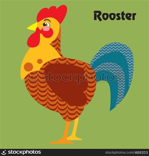 Colorful decorative outline funny colorful rooster standing in profile. Farm animals and birds vector cartoon flat illustration in different colors isolated on green background.