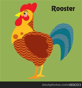 Colorful decorative outline funny colorful rooster standing in profile. Farm animals and birds vector cartoon flat illustration in different colors isolated on green background.