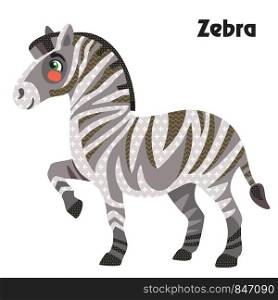 Colorful decorative outline funny colorful zebra standing in profile. Wild animals and birds vector cartoon flat illustration in different colors isolated on wite background.