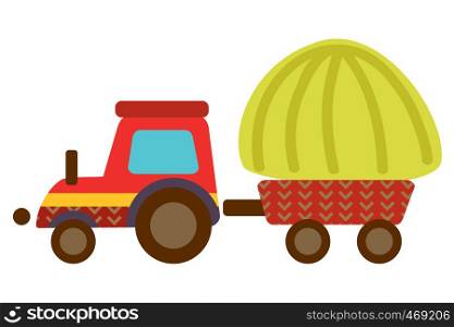 Colorful decorative outline funny red cartoon tractor with haystack standing in profile. Farm vector cartoon flat illustration in different colors isolated on white background.