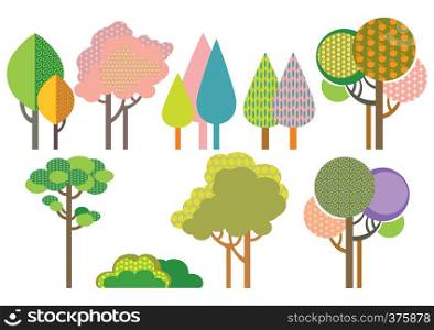 Colorful decorative outline funny trees with seamless pattern forms. Vector cartoon flat illustration in different colors isolated on white background.