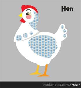 Colorful decorative outline funny white hen standing in profile. Farm animals and birds vector cartoon flat illustration in different colors isolated on grey background.
