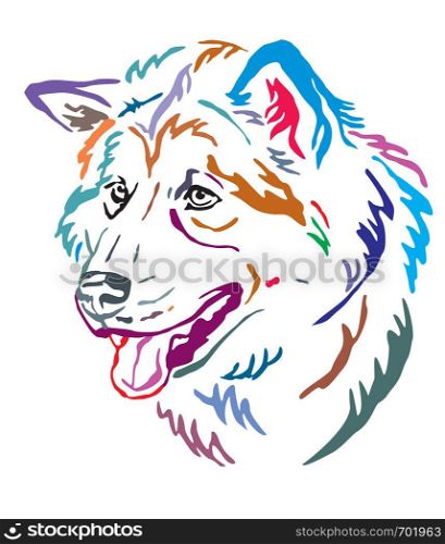 Colorful decorative outline portrait of Alaskan Malamute Dog looking in profile, vector illustration in different colors isolated on white background. Image for design and tattoo.