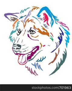 Colorful decorative outline portrait of Alaskan Malamute Dog looking in profile, vector illustration in different colors isolated on white background. Image for design and tattoo.