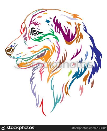 Colorful decorative outline portrait of Australian Shepherd Dog looking in profile, vector illustration in different colors isolated on white background. Image for design and tattoo.