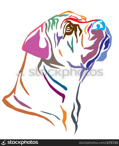 Colorful decorative outline portrait of Boerboel Dog looking in profile, vector illustration in different colors isolated on white background. Image for design and tattoo.