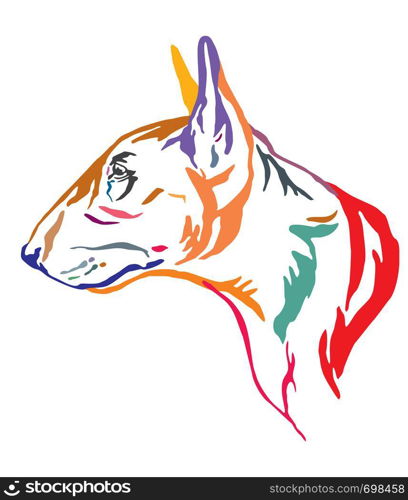 Colorful decorative outline portrait of Bull Terrier Dog looking in profile, vector illustration in different colors isolated on white background. Image for design and tattoo.