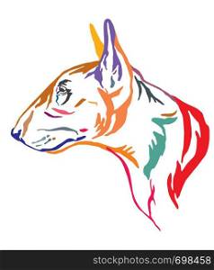Colorful decorative outline portrait of Bull Terrier Dog looking in profile, vector illustration in different colors isolated on white background. Image for design and tattoo.