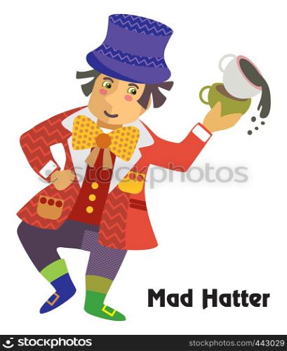 Colorful decorative outline portrait of dancing Mad Hatter with cup of tea in his hand. Alice in Wonderland, vector cartoon flat illustration in different colors with seamless pattern elements isolated on white background.