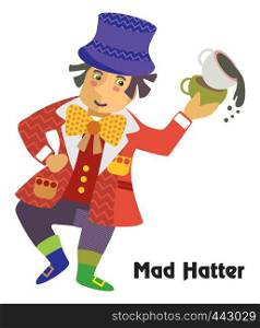 Colorful decorative outline portrait of dancing Mad Hatter with cup of tea in his hand. Alice in Wonderland, vector cartoon flat illustration in different colors with seamless pattern elements isolated on white background.