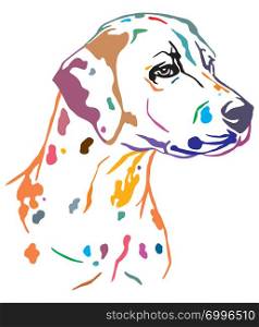 Colorful decorative outline portrait of Dog Dalmatian looking in profile, vector illustration in different colors isolated on white background. Image for design and tattoo.