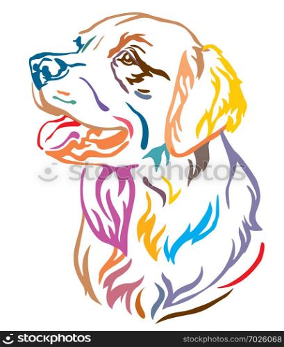 Colorful decorative outline portrait of Dog Golden Retriever looking in profile, vector illustration in different colors isolated on white background. Image for design and tattoo.