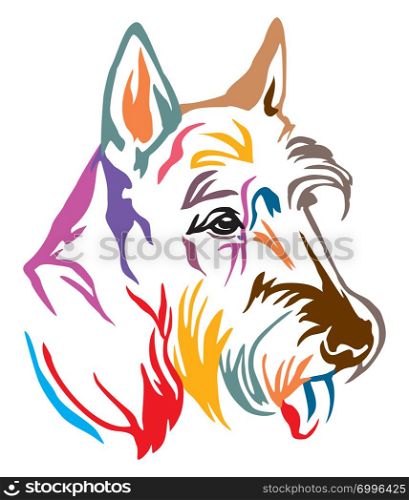 Colorful decorative outline portrait of Dog Scottish Terrier looking in profile, vector illustration in different colors isolated on white background. Image for design and tattoo.