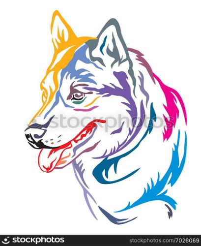Colorful decorative outline portrait of Dog Siberian Husky looking in profile, vector illustration in different colors isolated on white background. Image for design and tattoo.