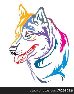 Colorful decorative outline portrait of Dog Siberian Husky looking in profile, vector illustration in different colors isolated on white background. Image for design and tattoo.