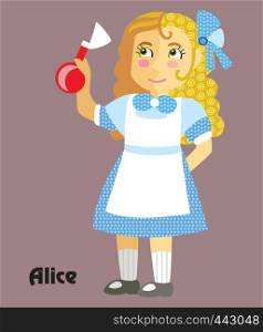 Colorful decorative outline portrait of girl in blue dress with potion in her hand. Alice in Wonderland ,vector cartoon flat illustration in different colors with seamless pattern elements isolated on grey background.