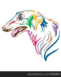 Colorful decorative outline portrait of Russian wolfhound Dog looking in profile, vector illustration in different colors isolated on white background. Image for design and tattoo.