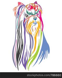 Colorful decorative outline portrait of Yorkshire Terrier Dog, vector illustration in different colors isolated on white background. Image for design and tattoo.