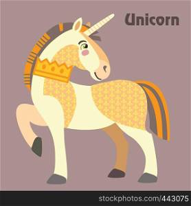Colorful decorative outline standing in profile Unicorn with crown on his neck. Vector cartoon flat illustration in different colors with seamless pattern elements isolated on grey background.