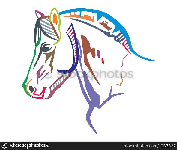 Colorful decorative portrait in profile of horse, vector isolated illustration in different colors on white background. Image for design and tattoo.