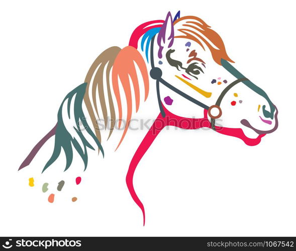 Colorful decorative portrait in profile of pony in bridle, vector isolated illustration in black color on white background. Image for design and tattoo.