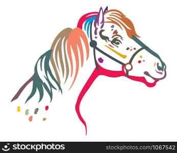 Colorful decorative portrait in profile of pony in bridle, vector isolated illustration in black color on white background. Image for design and tattoo.